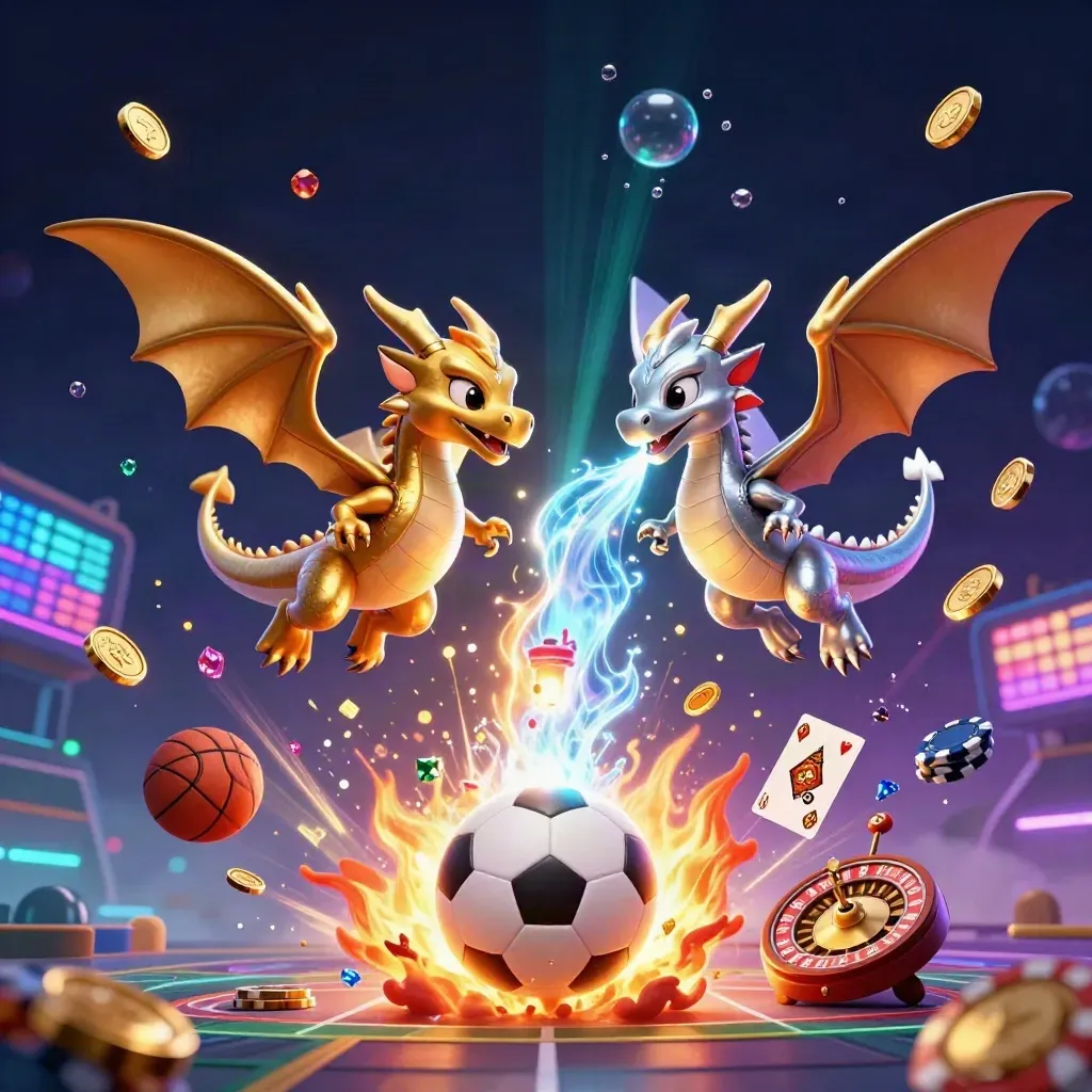Gold and silver dragons clash amid casino symbols, soccer ball, coins, and neon light.
