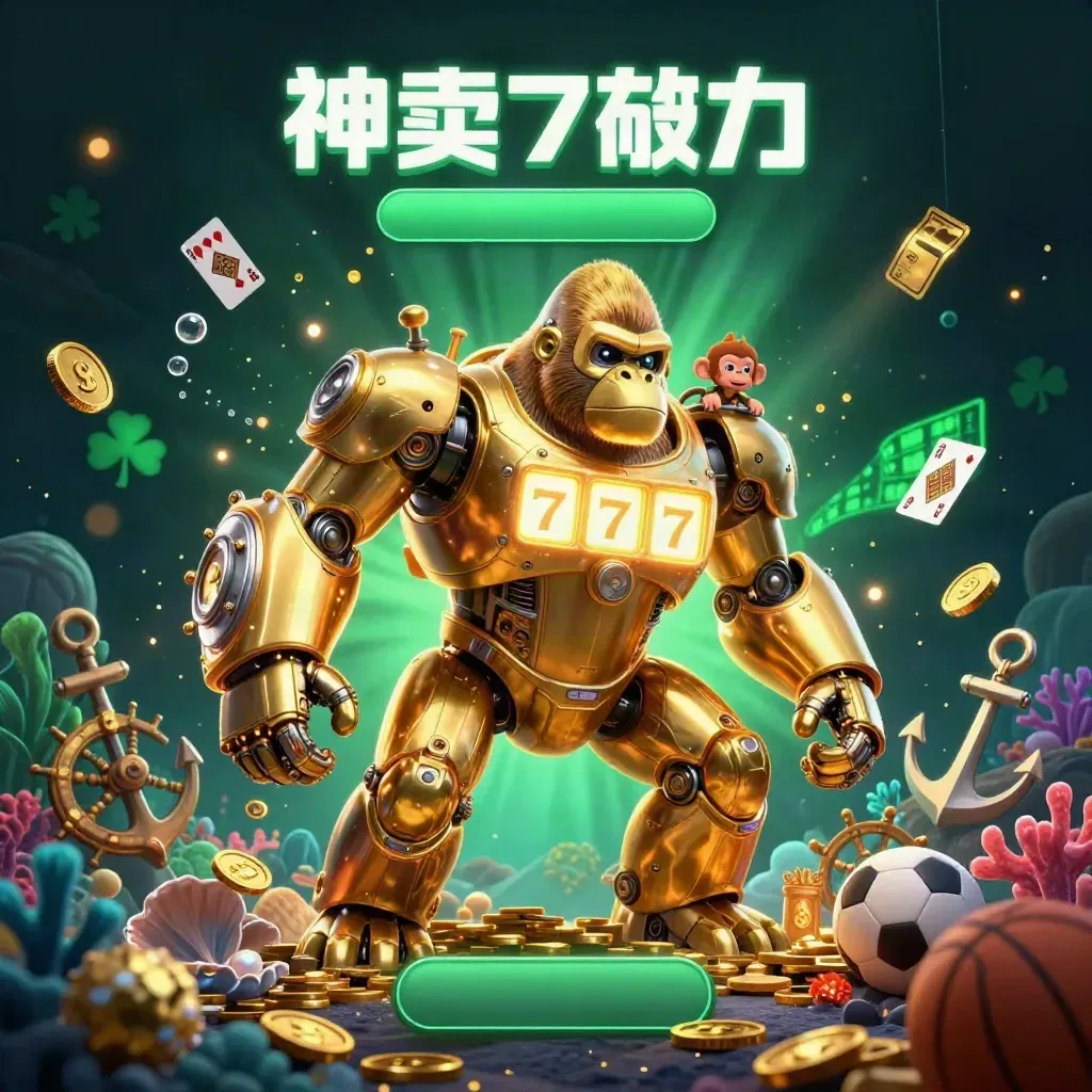 Golden gorilla mech with monkey pilot in a treasure cove, coins, coral, cards, balls and glowing lights.