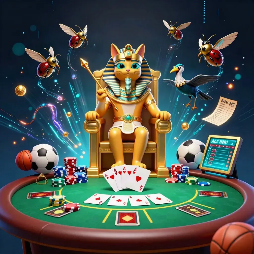 Pharaoh cat, ibis scribe, and gem-winged scarabs on a glowing golden throne amid casino props.