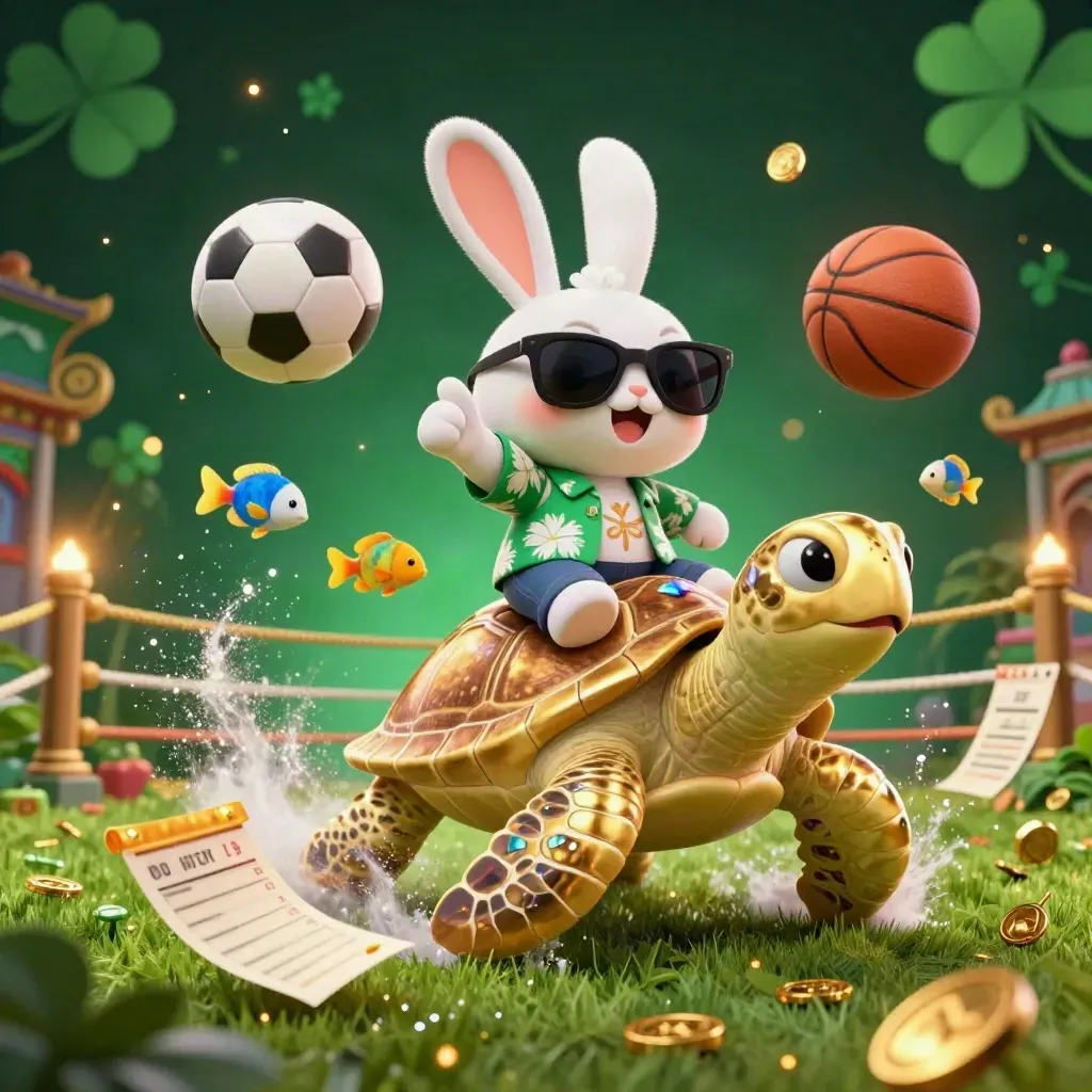 Lucky rabbit rides a gem-shell turtle amid gold coins, balls, and casino lights.