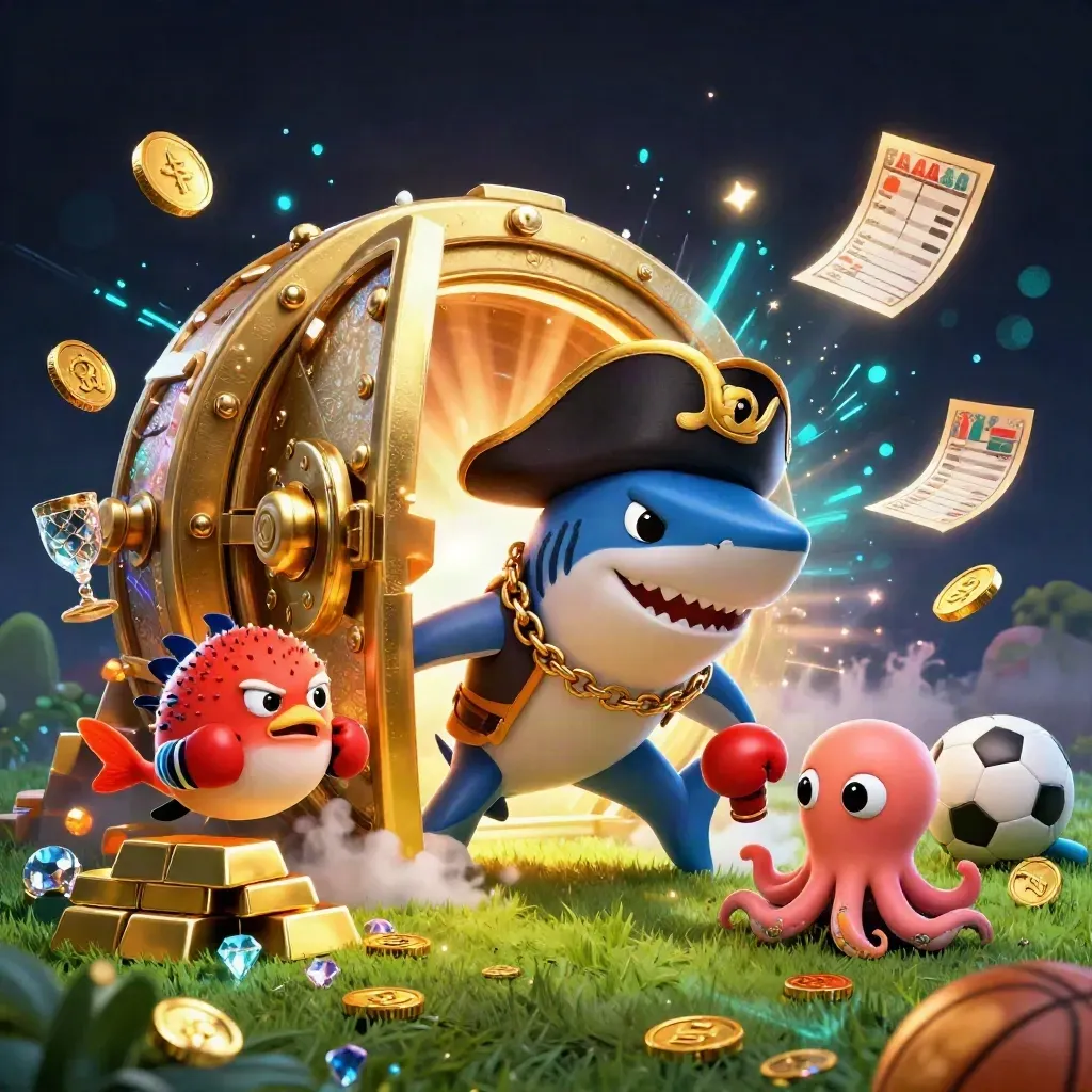 Pirate shark, pufferfish, and octopus amid a gold vault burst, balls, and neon casino glow