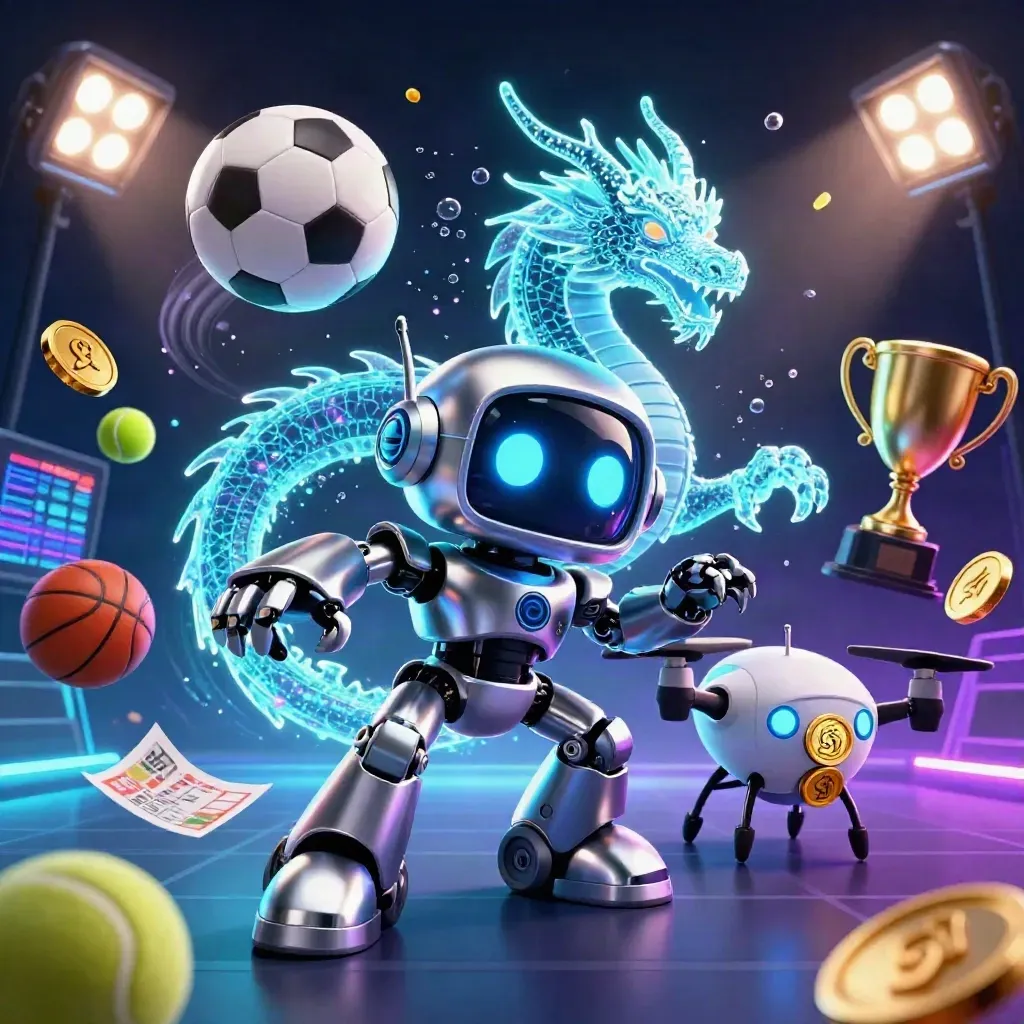 Robot mascot, holographic dragon and coin drone blast through flying sports balls and gold coins.
