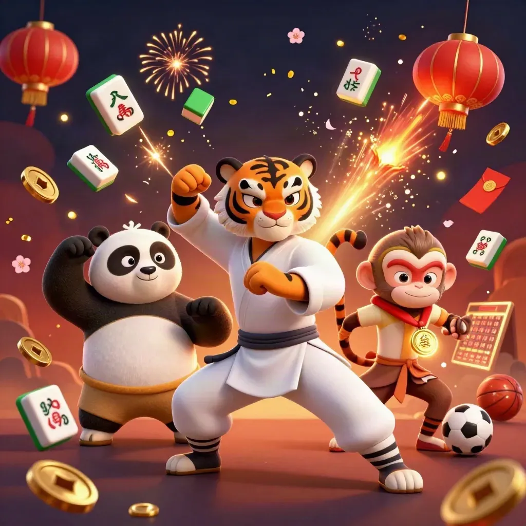 Kung-fu tiger, panda, and monkey amid casino-style sports icons and glowing embers.