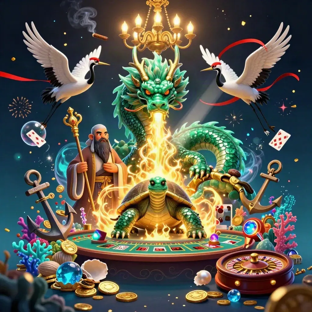 Dragon, turtle sage, and cranes in a jewel-toned casino treasure cove with gold, fire, and cards.