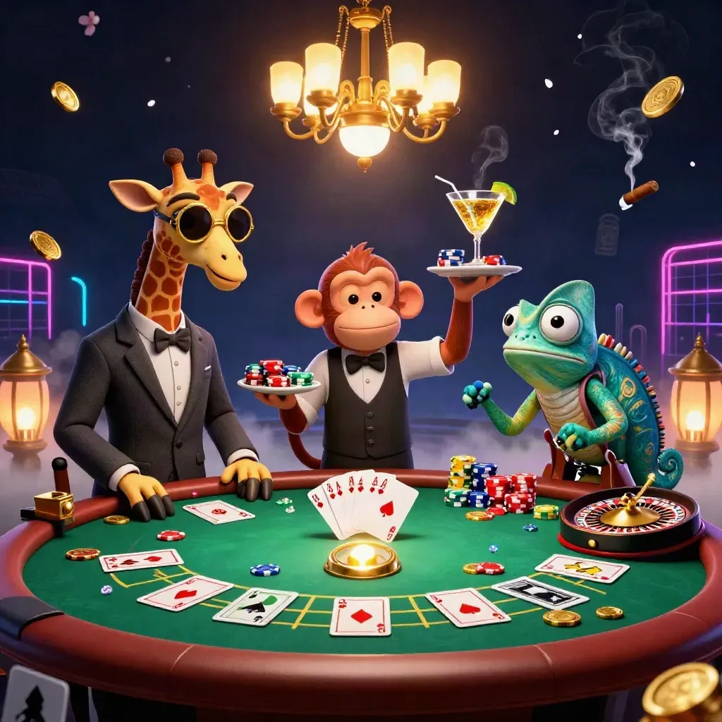 Luxe neon casino scene with a giraffe, monkey valet, and chameleon bartender at a poker table