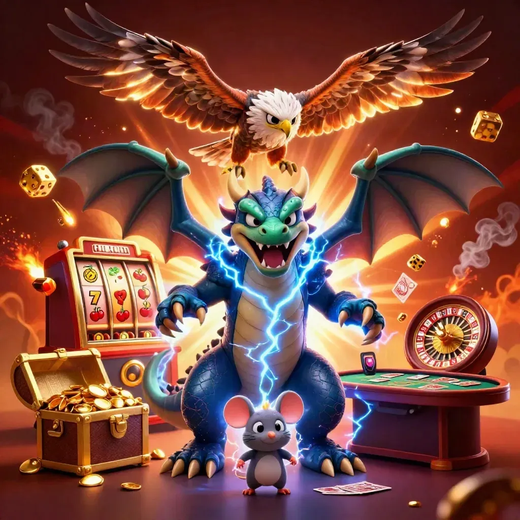 Thunder dragon, hawk, and mouse amid casino riches, lightning, and glowing game symbols