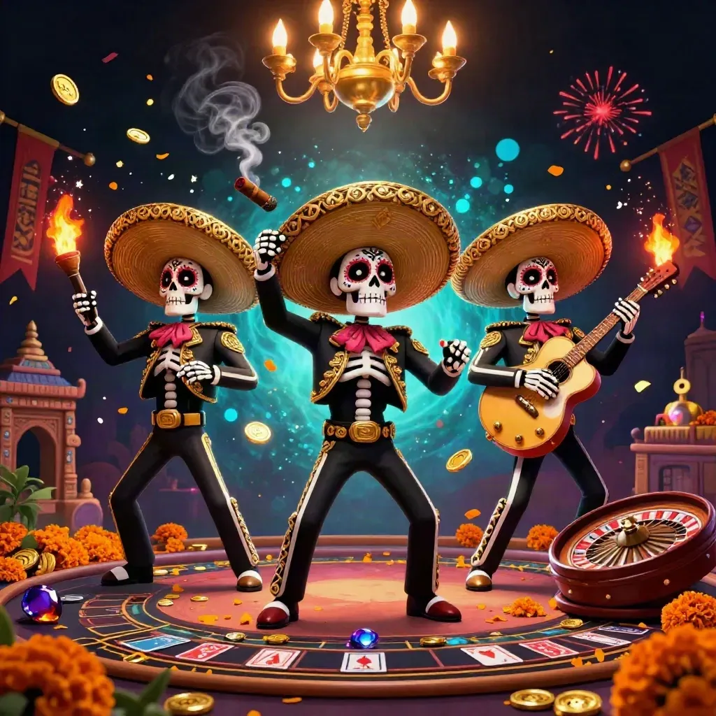 Skeleton mariachi trio in a luxe casino room with coins, temple gate, fireworks, and blue glow.