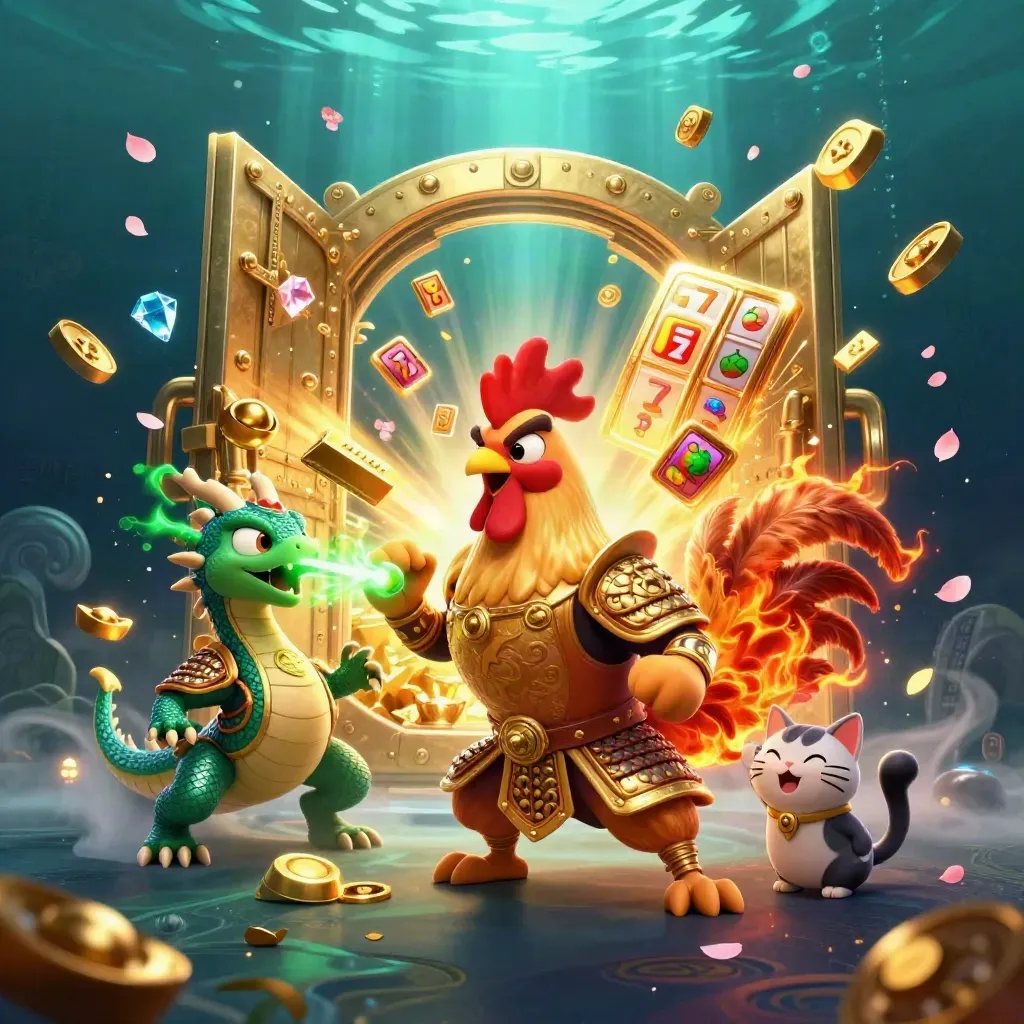 Rooster warrior, dragon hatchling, and fortune cat amid vault gold, gems, and emerald sparks.