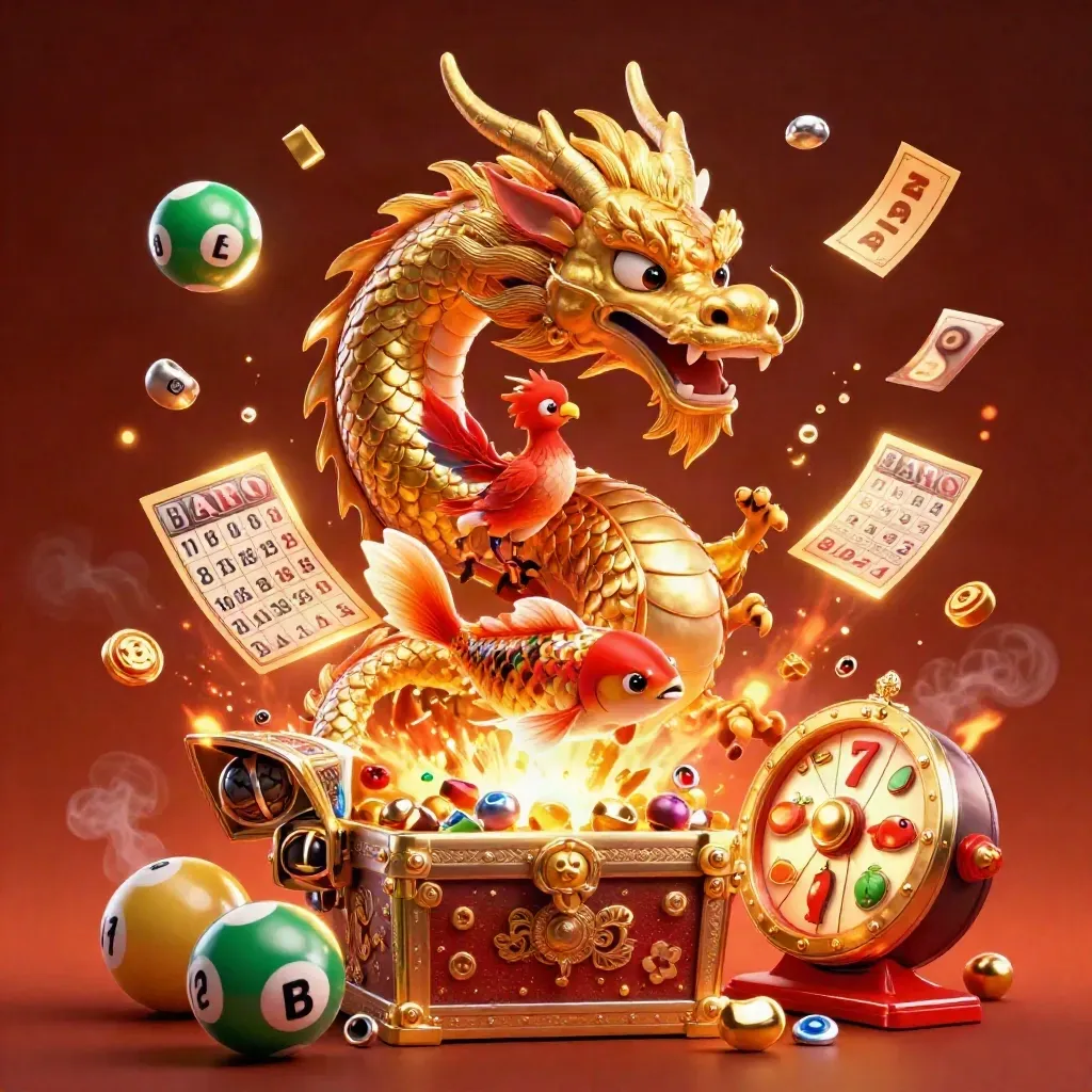Golden dragon, phoenix and koi with casino prizes exploding in a fiery treasure scene.