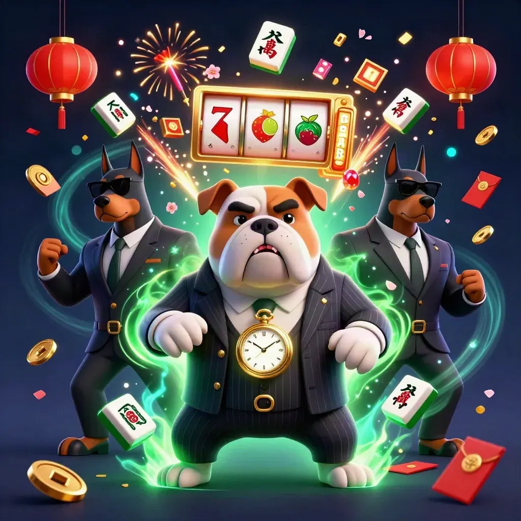 Bulldog boss and two Dobermans amid casino loot, lanterns, fireworks, and emerald energy