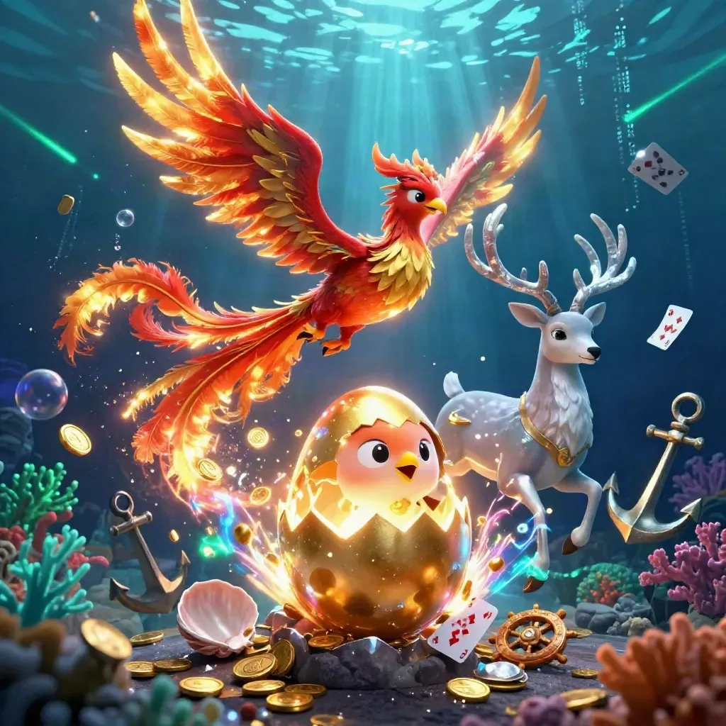 Phoenix, baby phoenix, and crystal stag burst through gold coins in a glowing underwater treasure cove.