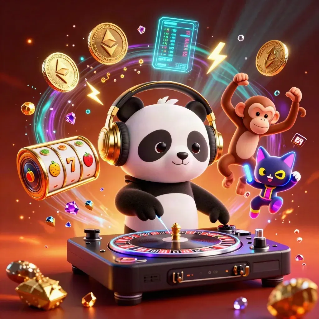 DJ panda, breakdancing monkey, and glow-stick kitten amid casino coins, reels, and neon effects.