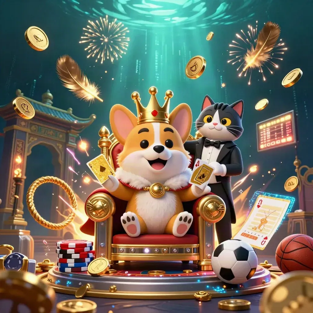 Crowned corgi and cat butler amid bursting coins, vault energy, fireworks and sports props