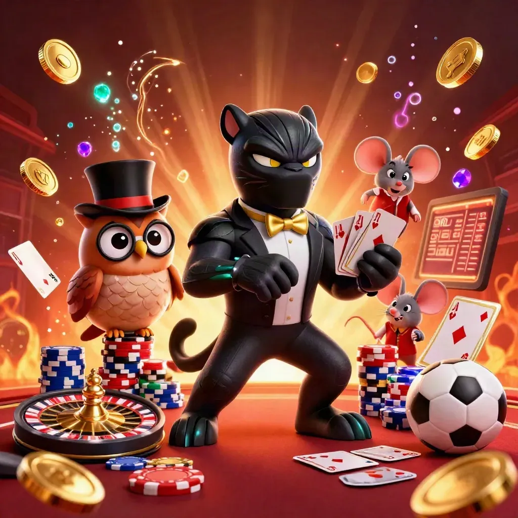 Panther, owl and mouse amid exploding coins, cards, chips, roulette wheel and fireworks.