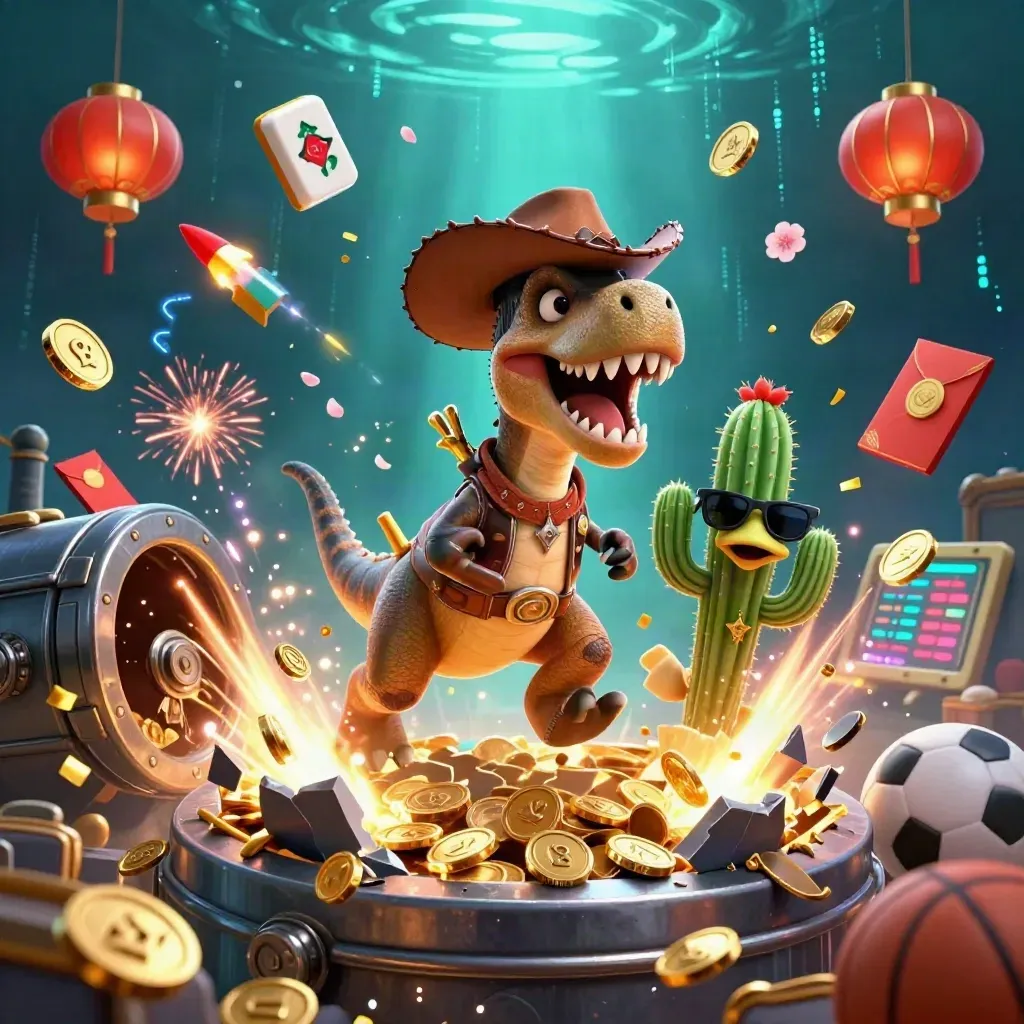 Cartoon T-Rex, cactus, and roadrunner burst from a vault amid coins, fireworks, and neon energy