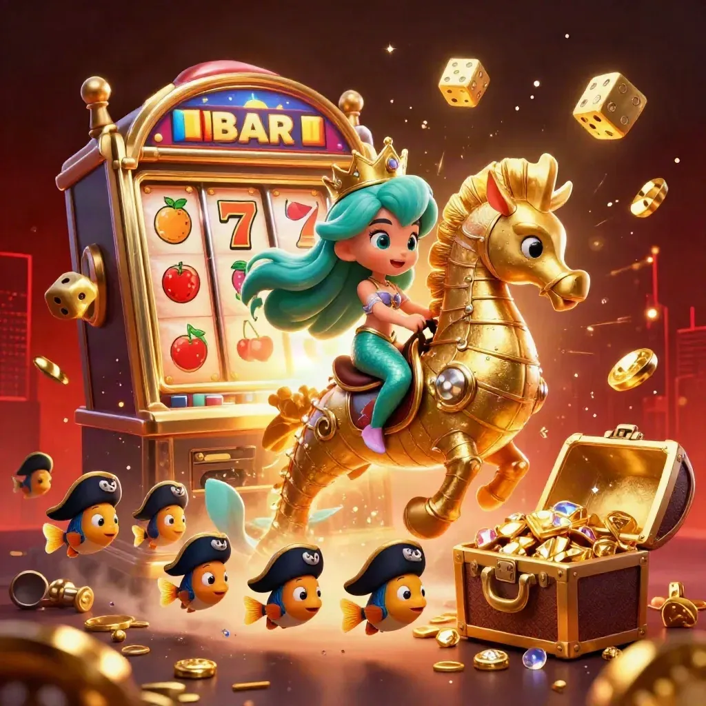 Mermaid princess on armored seahorse amid slot burst, gold treasure and neon casino effects.