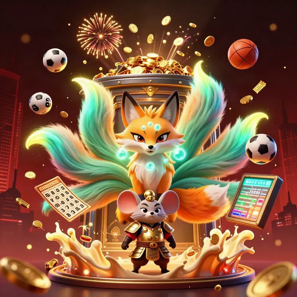 Nine-tailed fox and samurai mouse amid casino treasure burst, coins, balls, wheel, fireworks