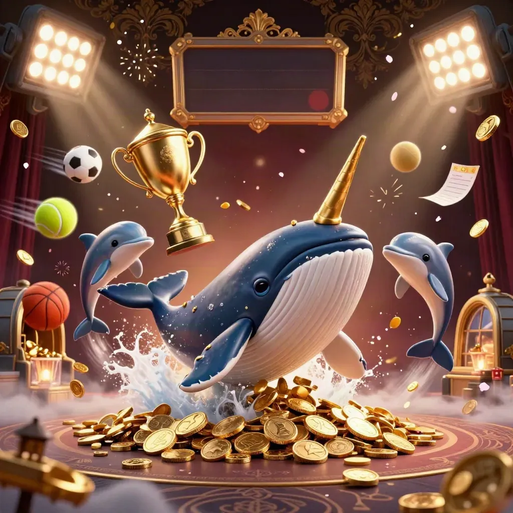 Whale captain, narwhal and dolphins burst through coins with trophy, balls and fireworks.