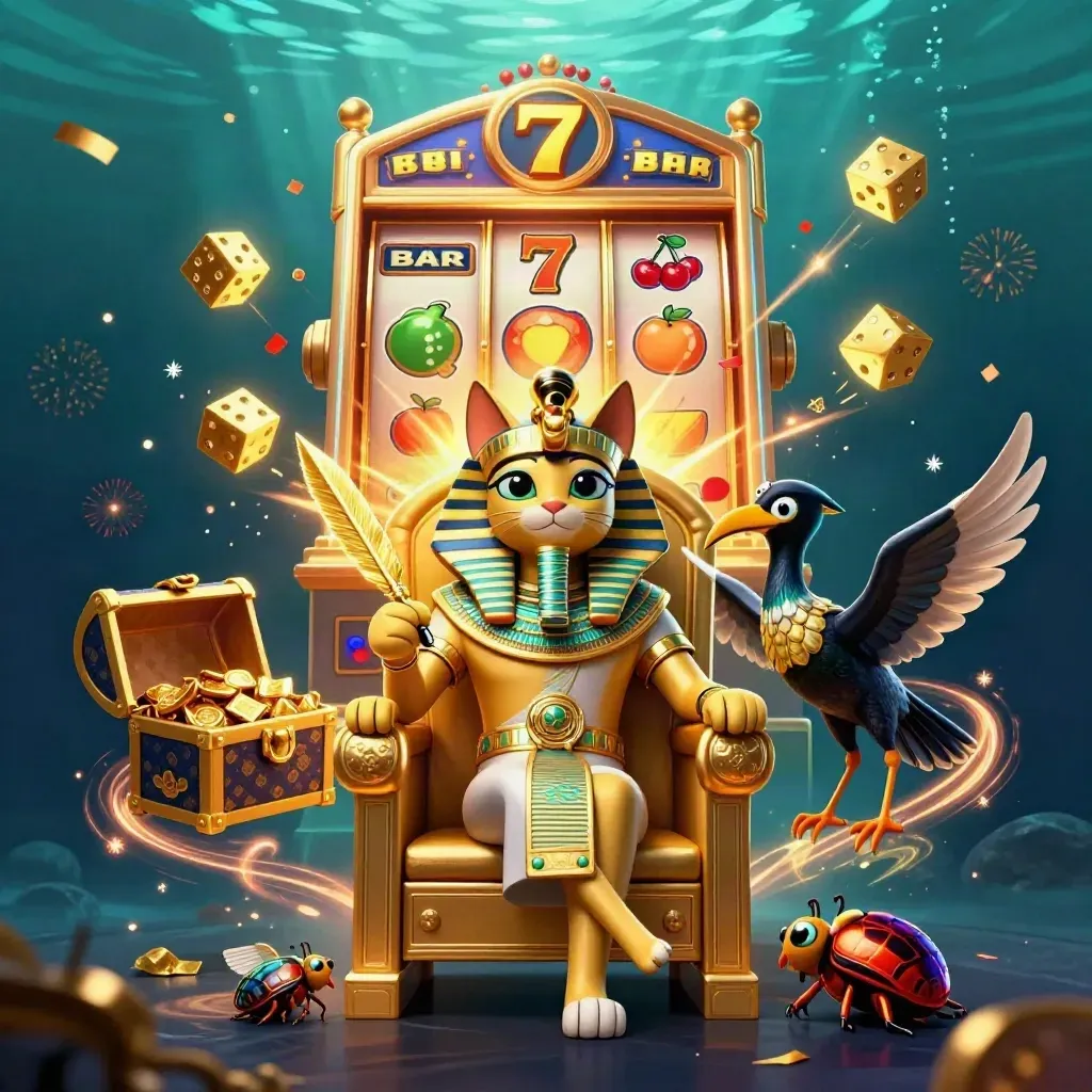 Pharaoh cat, ibis scribe and gem scarabs amid a bursting slot machine and gold treasure