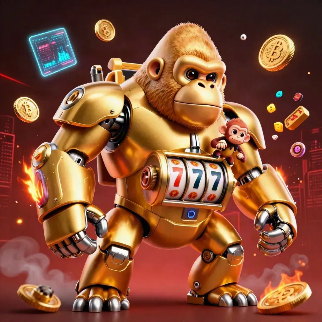 Golden gorilla slot mech with monkey pilot, coins, lightning and neon casino effects