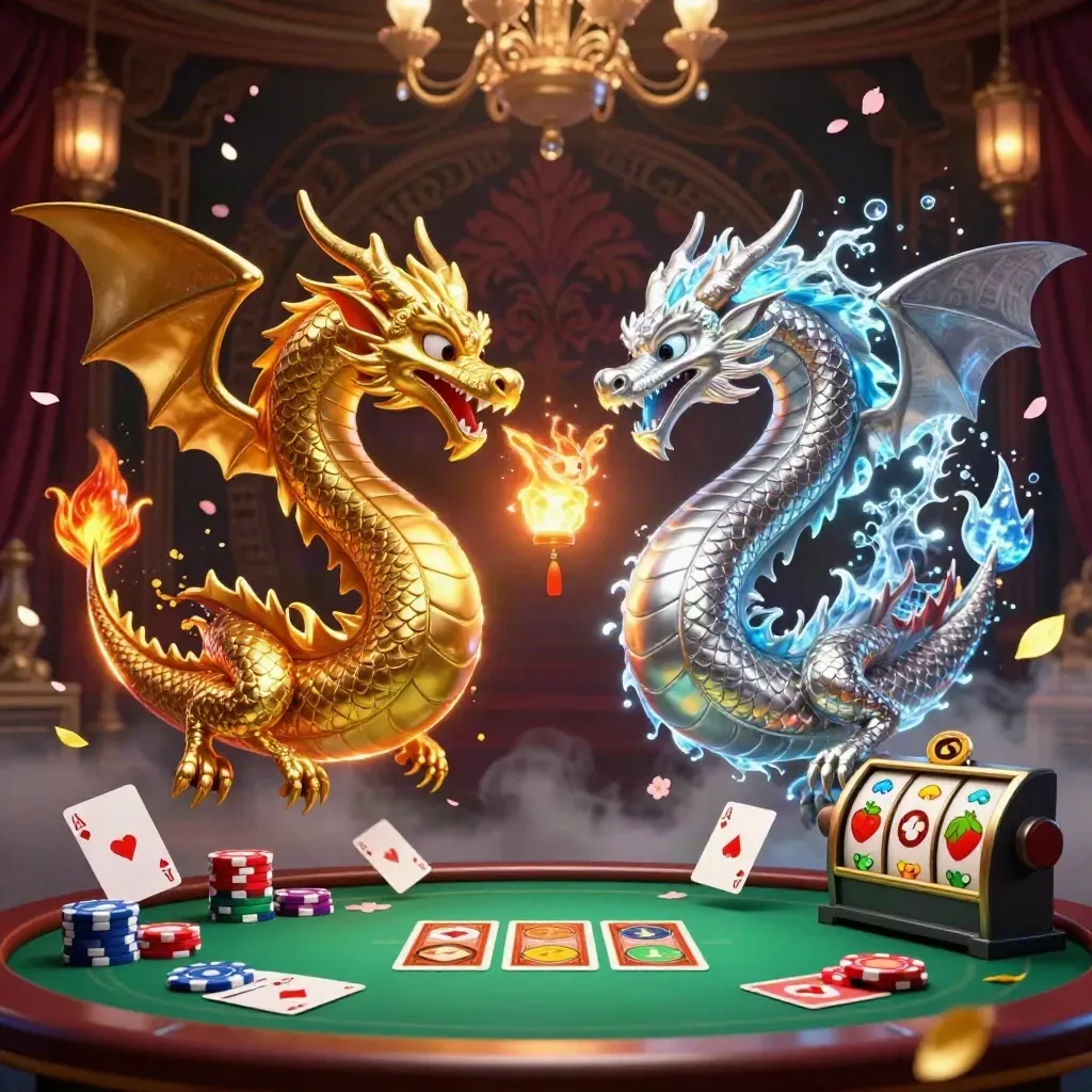 Gold and silver dragons spiral with poker chips, cards, reels, and a lantern spirit on a luxe dark backdrop.
