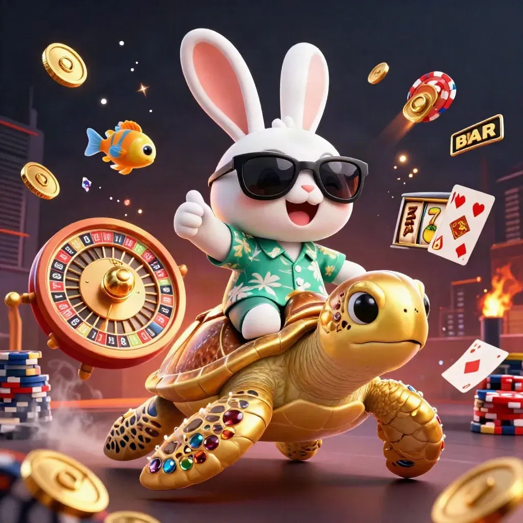 Cartoon rabbit rides a golden turtle amid casino chips, coins, cards, reels, and glowing effects.