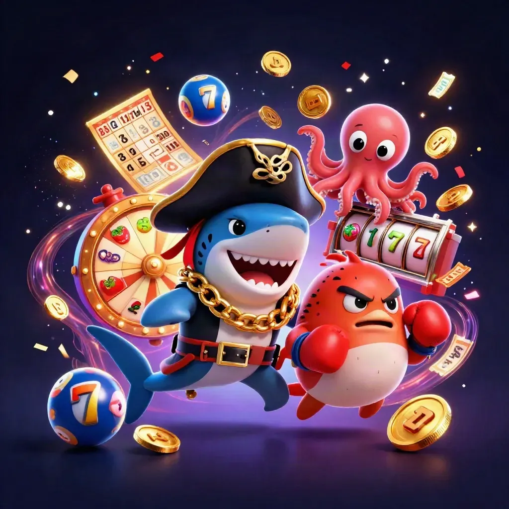 Pirate shark, boxing pufferfish, and juggling octopus amid casino symbols and gold coins.