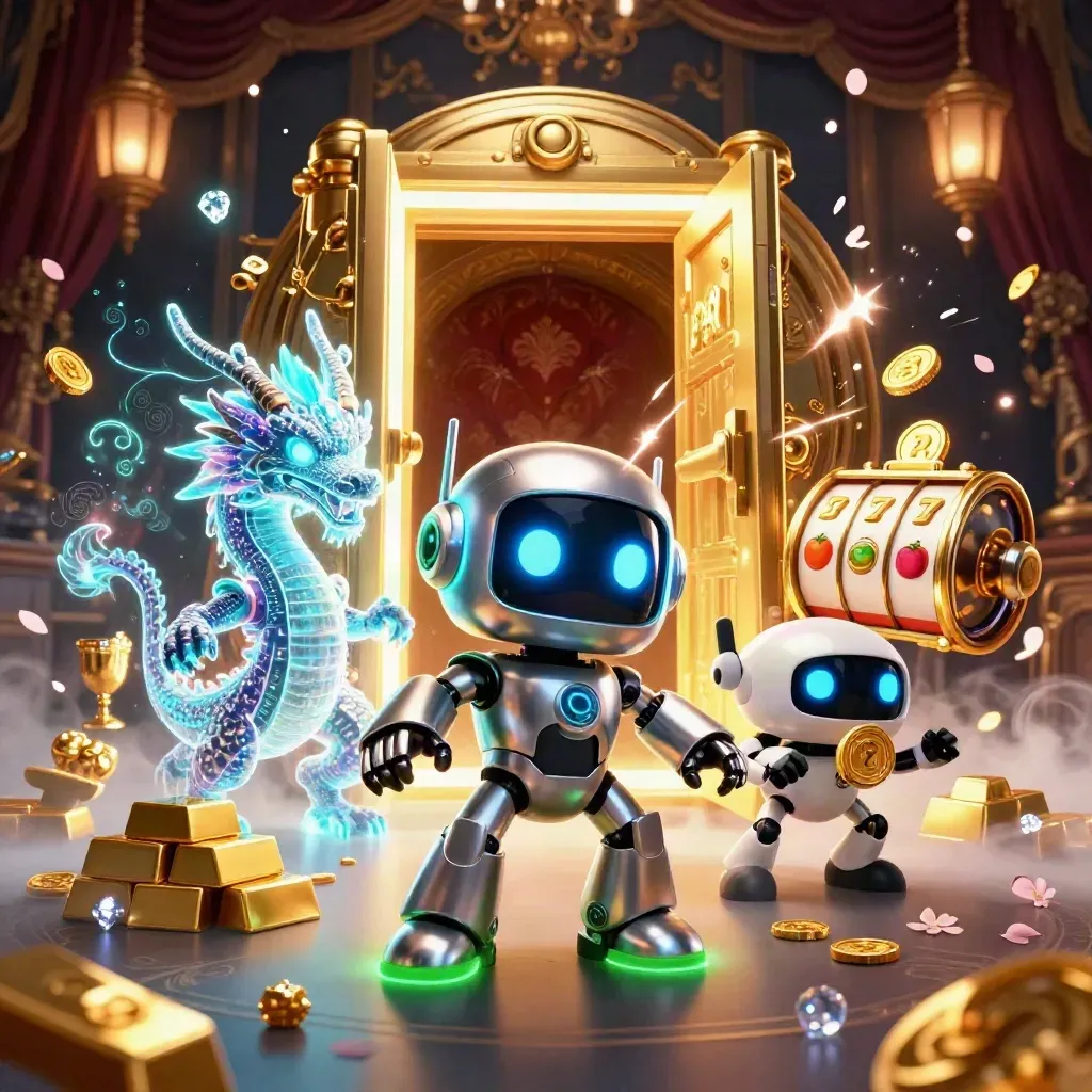 Robot mascot, holographic dragon and coin drone burst from a gold vault amid casino treasure.